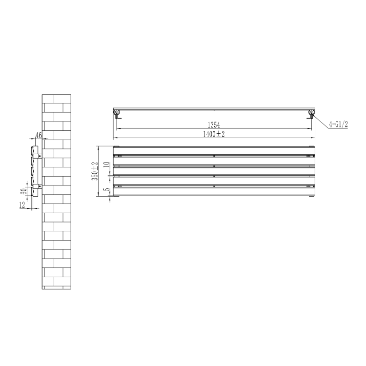 Riace Linea White Flat Designer Radiator 350x1400mm Single Panel 1850 BTU - Horizontal Bars - Image 5