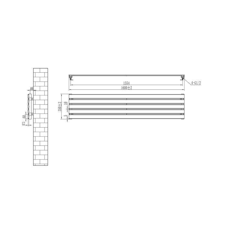 Riace Linea White Flat Designer Radiator 350x1600mm Single Panel 2109 BTU - Horizontal Bars - Image 5