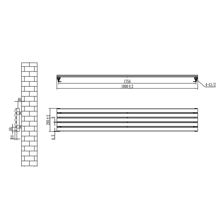 Sorrento Linea Dark Grey Anthracite Oval Designer Radiator 295x1800mm Single Panel 2126 BTU - Horizontal Bars - Image 5