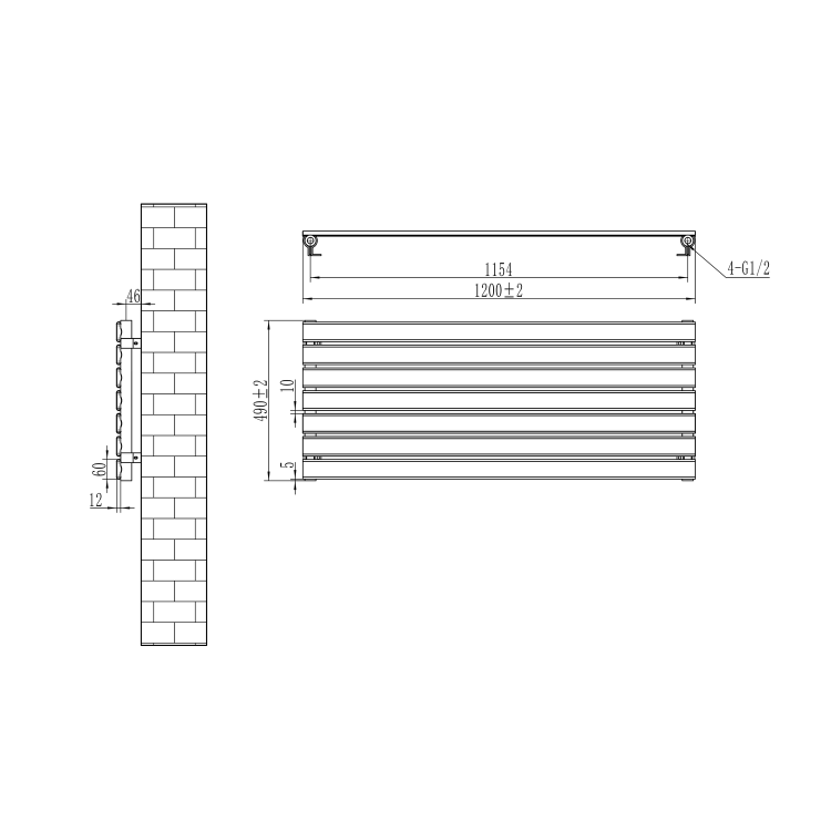 Riace Linea Dark Grey Anthracite Flat Designer Radiator 490x1200mm Single Panel 2239 BTU - Horizontal Bars - Image 6