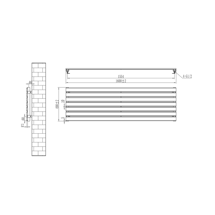Riace Linea Midnight Black Flat Designer Radiator 490x1600mm Single Panel 2952 BTU - Horizontal Bars - Image 6