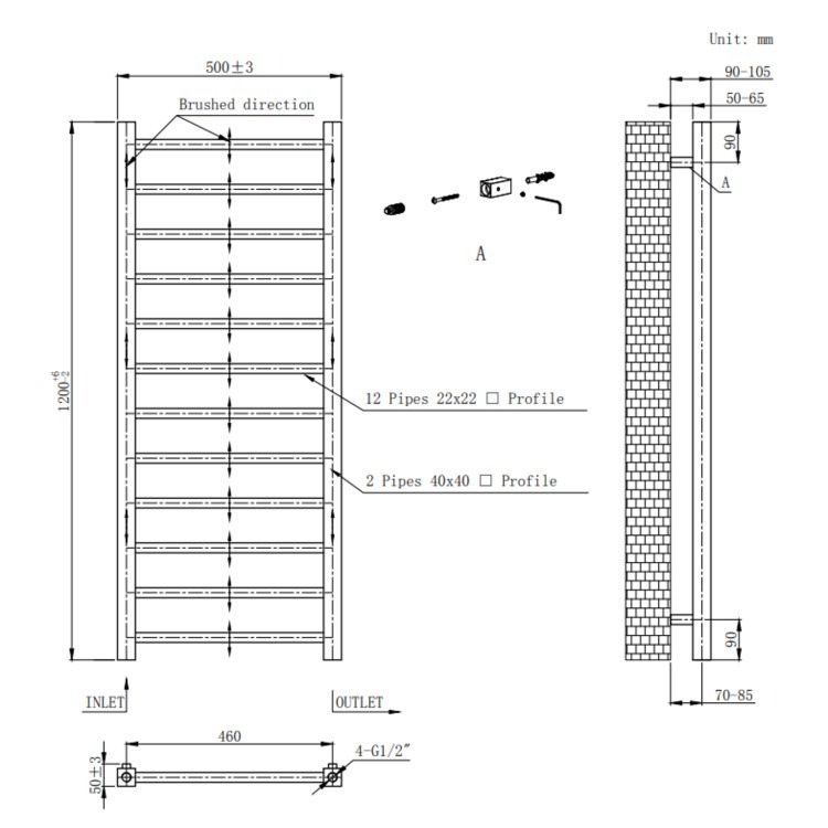 Black Towel Radiator 1200 x 500mm with Pipe Kit and Straight Valves - Sonoran - Image 5
