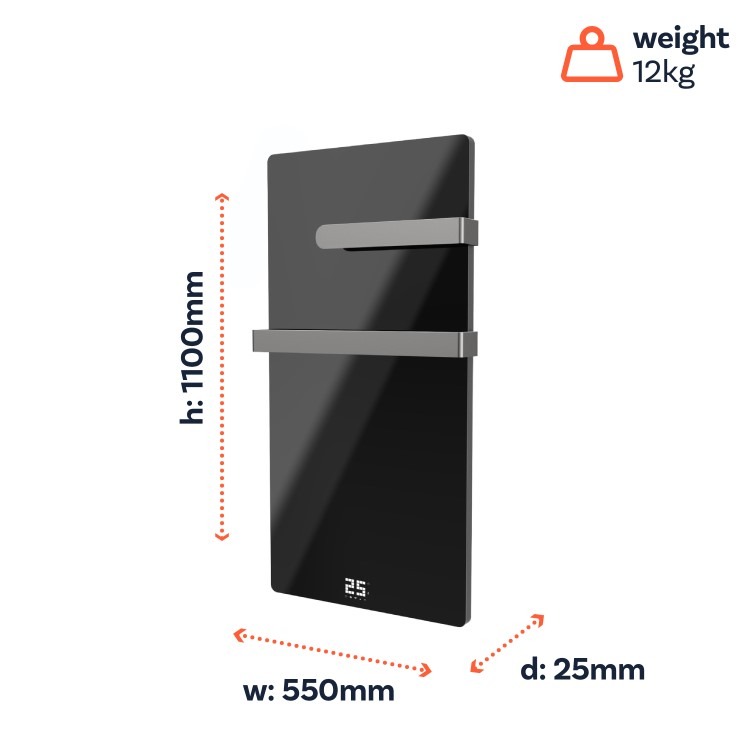 600W Smart Infrared Vertical Black Glass Designer Wall Heater 550x1100mm with Optional Towel Rail - IP24 Bathroom Safe - Image 4