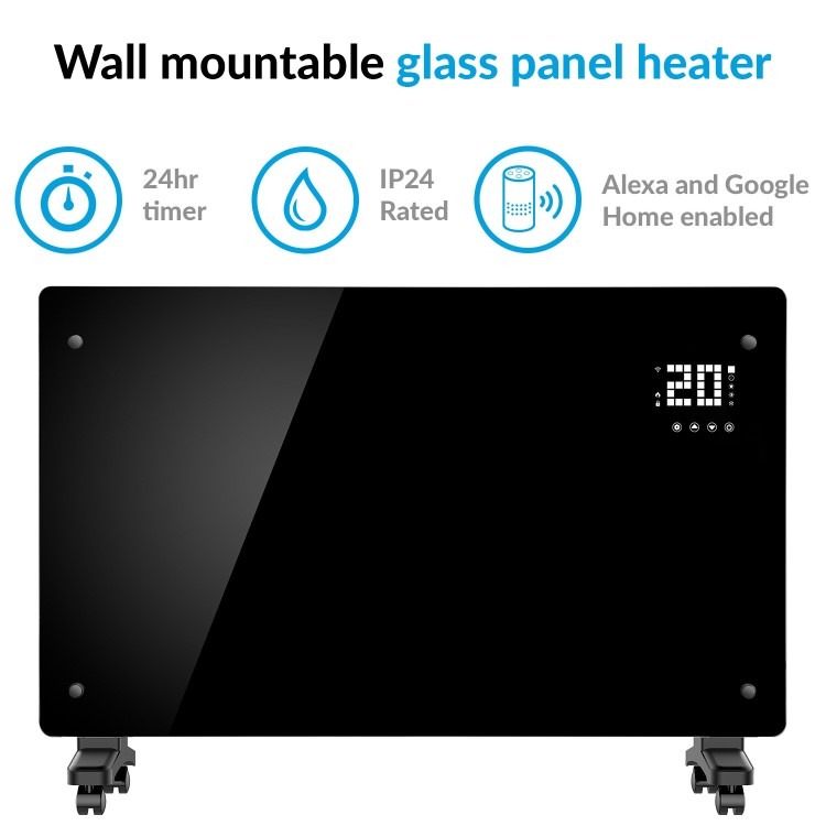 electriQ 2500W Smart Designer Glass Panel Convection Heater - Wall Mountable & Bathroom Safe - Black - Image 10