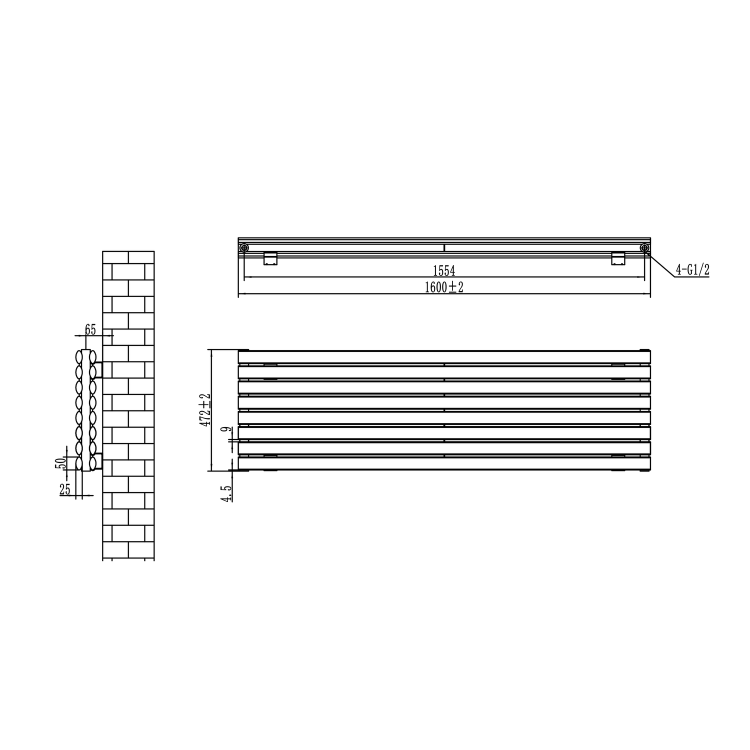 Sorrento Linea Midnight Black Oval Designer Radiator 472x1600mm Double Panel 4539 BTU - Horizontal Bars - Image 6