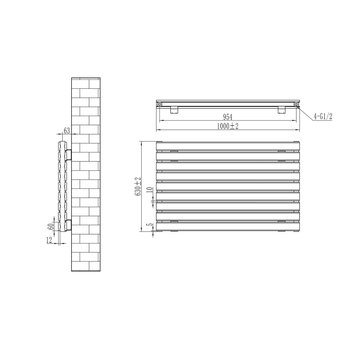 Riace Linea White Flat Designer Radiator 630x1000mm Double Panel 3727 BTU - Horizontal Bars - Image 6