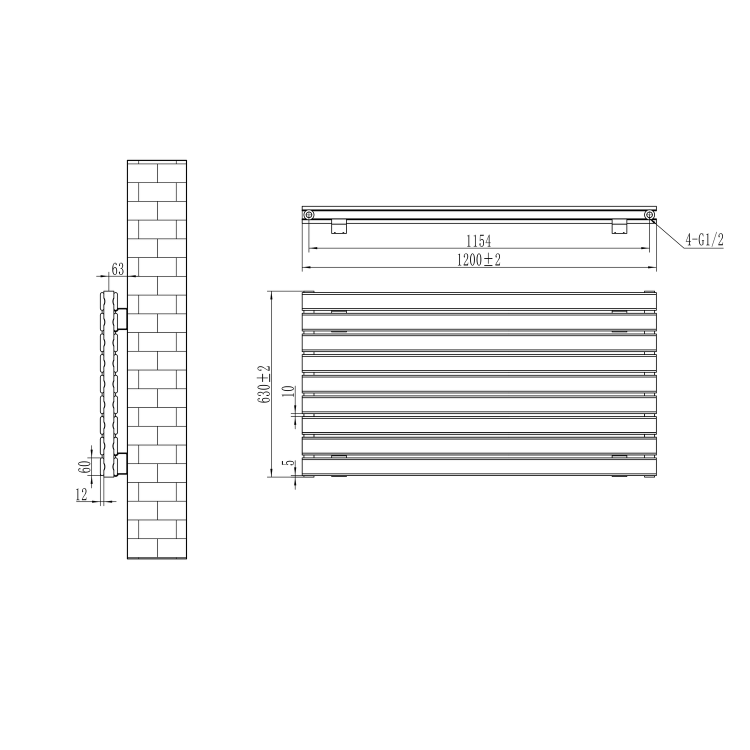 Riace Linea Midnight Black Flat Designer Radiator 630x1200mm Double Panel 4386 BTU - Horizontal Bars - Image 6