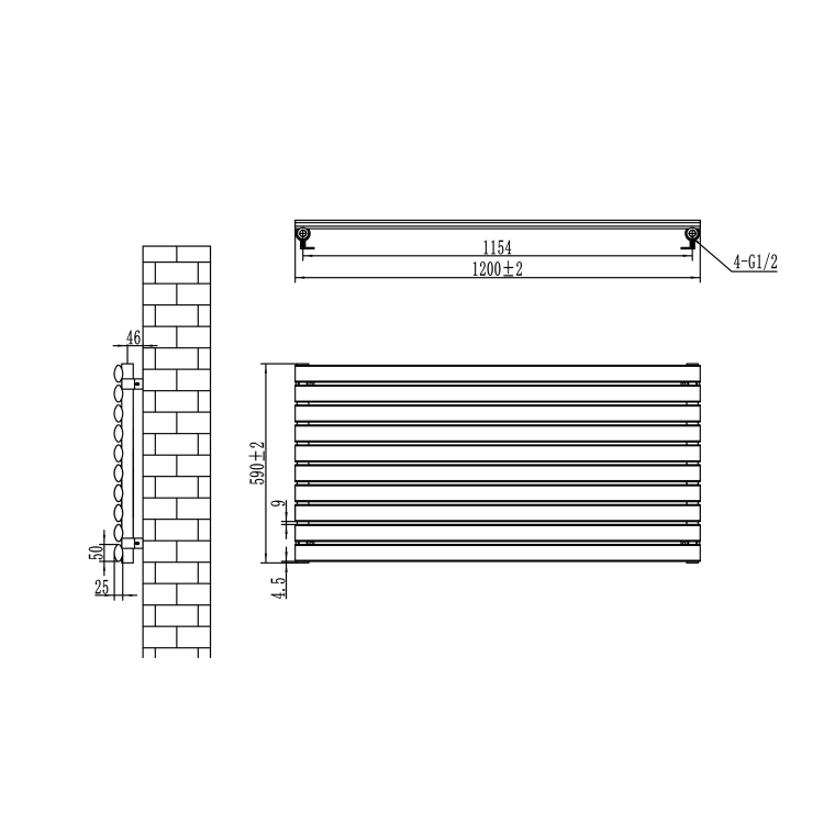Sorrento Linea Midnight Black Oval Designer Radiator 590x1200mm Single Panel 2863 BTU - Horizontal Bars - Image 6