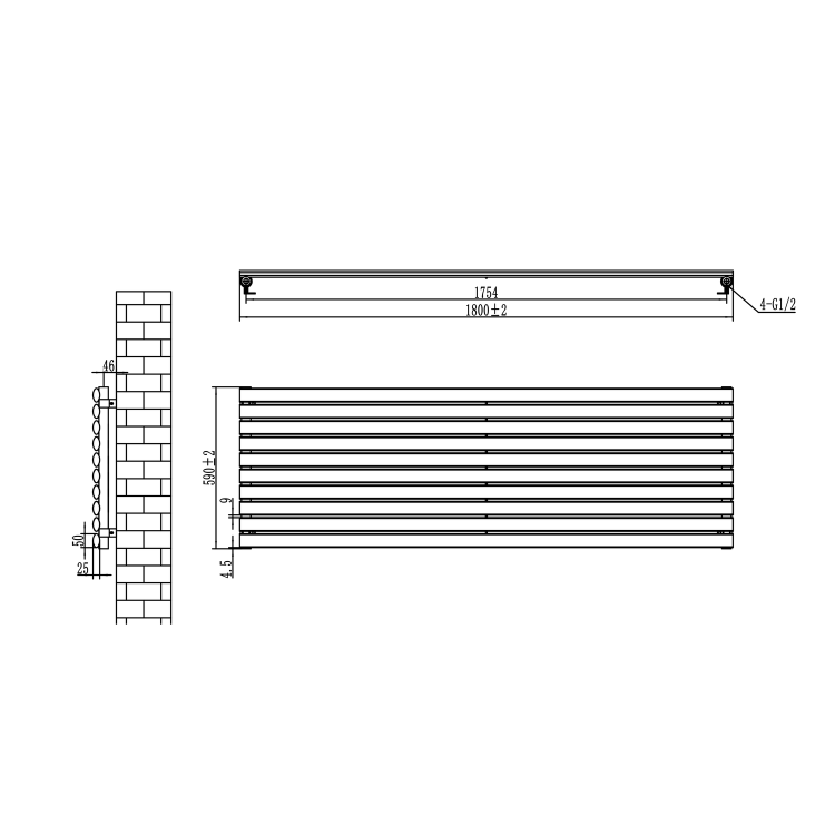 Sorrento Linea Dark Grey Anthracite Oval Designer Radiator 590x1800mm Single Panel 4256 BTU - Horizontal Bars - Image 6