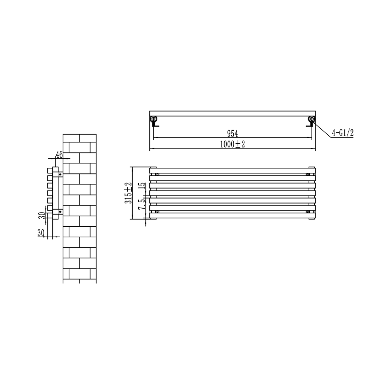 Ravello Linea Midnight Black Square Designer Radiator 315x1000mm Single Panel 1502 BTU - Horizontal Bars - Image 5