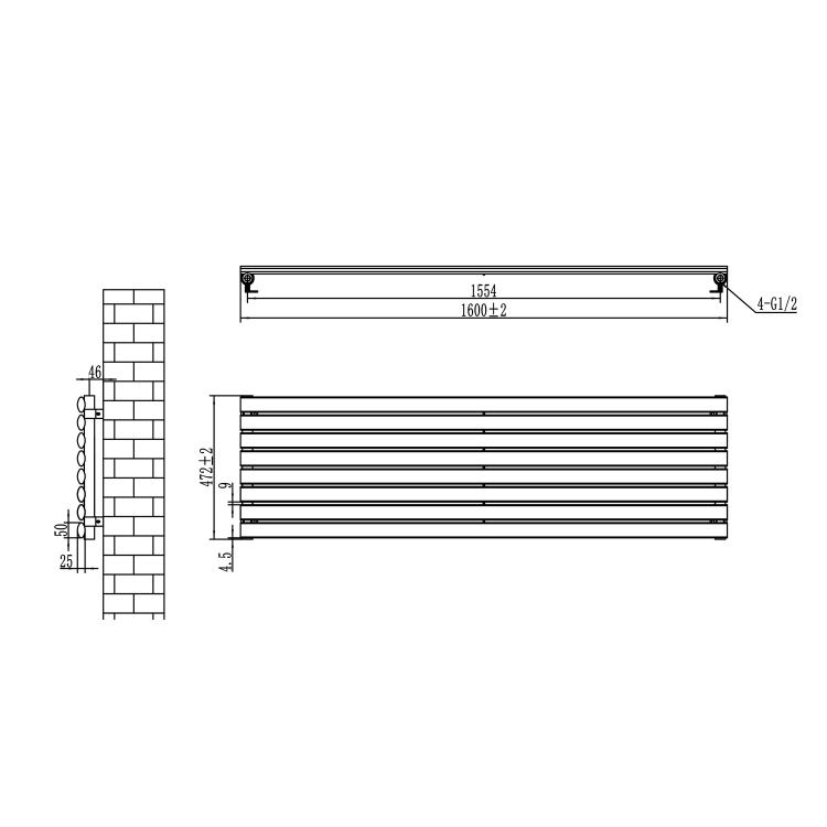 Sorrento Linea Dark Grey Anthracite Oval Designer Radiator 472x1600mm Single Panel 3024 BTU - Horizontal Bars - Image 6