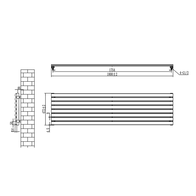 Sorrento Linea Midnight Black Oval Designer Radiator 472x1800mm Single Panel 3403 BTU - Horizontal Bars - Image 6