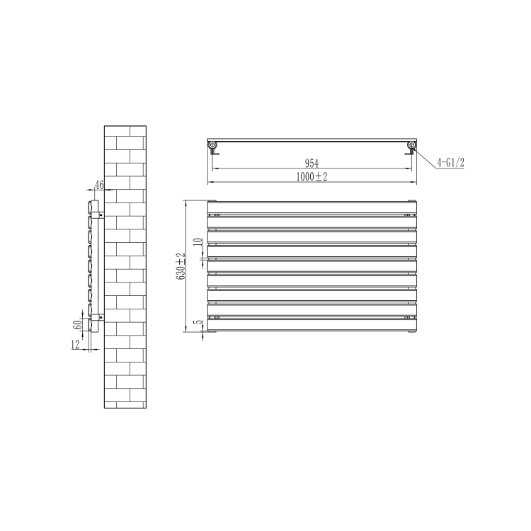 Riace Linea White Flat Designer Radiator 630x1000mm Single Panel 2433 BTU - Horizontal Bars - Image 6