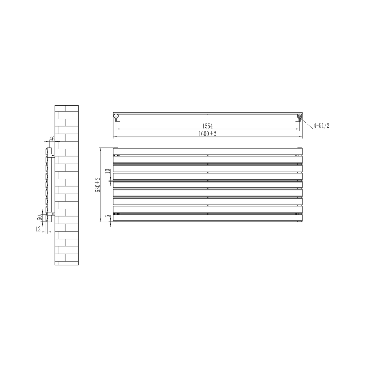 Riace Linea White Flat Designer Radiator 630x1600mm Single Panel 3795 BTU - Horizontal Bars - Image 6