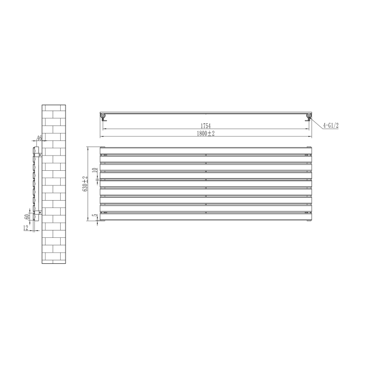 Riace Linea Midnight Black Flat Designer Radiator 630x1800mm Single Panel 4266 BTU - Horizontal Bars - Image 6