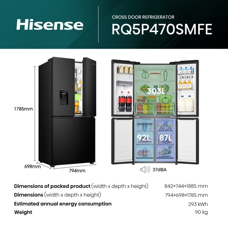 Hisense Pureflat Infinite 482 Litre Four Door American Fridge Freezer - Black - Image 11