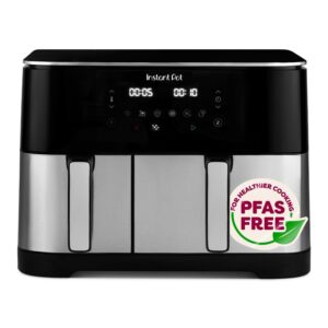 Instant Pot Dual Vortex Air Fryer PFAS Free Large 11L Twin 7L and 4L Baskets 8-in-1 Dehydrate Grill Bake Roast Reheat Non-Stick Easy Clean Dishwasher Safe Stainless Steel
