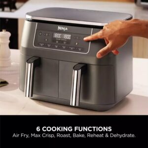 Ninja DZ300UK Dual Zone 6-in-1 7.6L Air Fryer Gun Metal Grey Twin Baskets for Healthy Crispy Cooking