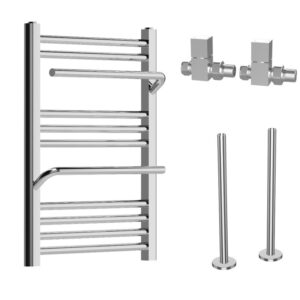Chrome Towel Radiator 650 x 600mm with Pipe Kit and Straight Valves – Nazco