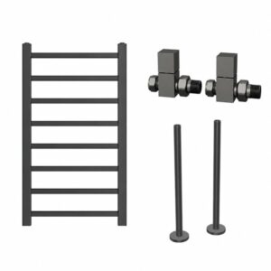 Gunmetal Grey Towel Radiator 800 x 500mm with Pipe Kit and Straight Valves - Sonoran