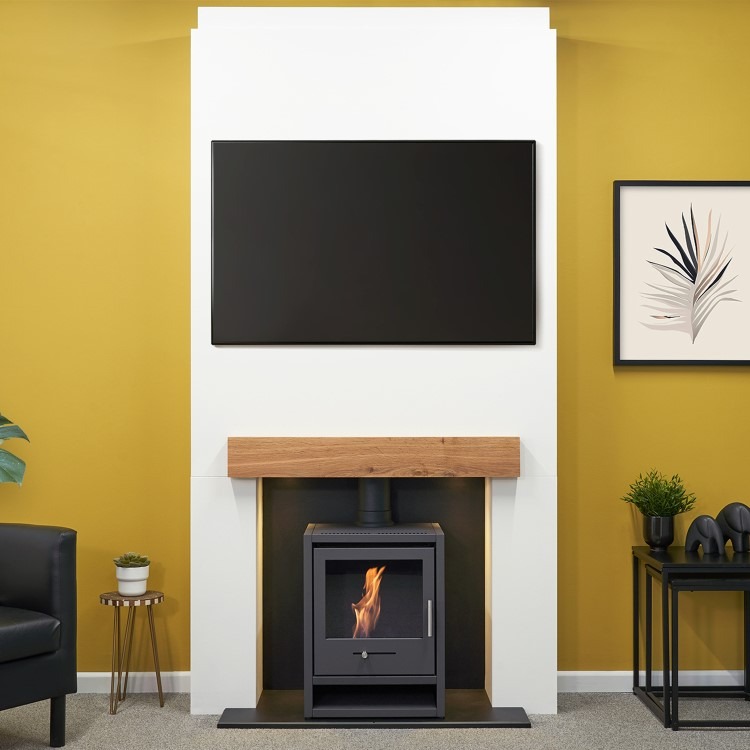 Prebuilt Media Wall with Bioethanol Log Burner-Style Fireplace - Acantha OKO S1