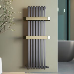 Gunmetal Vertical Single Panel Radiator with Brass Towel Bars 1200 x 500mm - Iraya