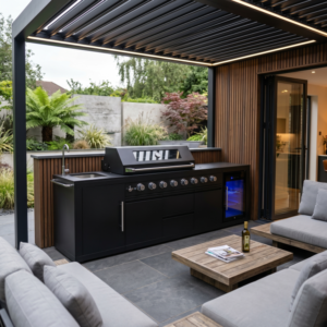 Monster Grill - Ultimate Outdoor Kitchen in Black - 6 Burner Gas BBQ Grill with Fridge and Sink