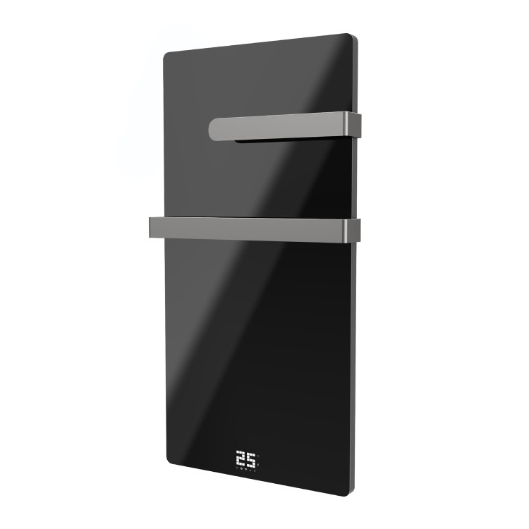380W Smart Infrared Vertical Black Glass Designer Wall Heater 450x900mm with Optional Towel Rail - IP24 Bathroom Safe
