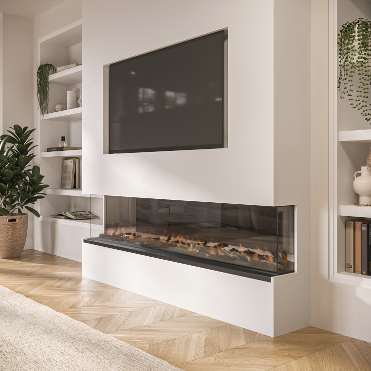 ALMOST PERFECT - Black Inset Media Wall Electric Fireplace with Glass Configurated Front and Sides 70 Inch - Amberglo - Image 2