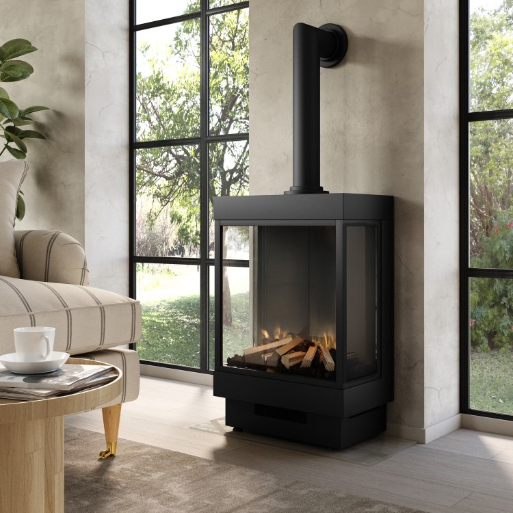 Large Electric Log Burner-Style Stove with Decorative Flue in Black - AmberGlo - Image 2