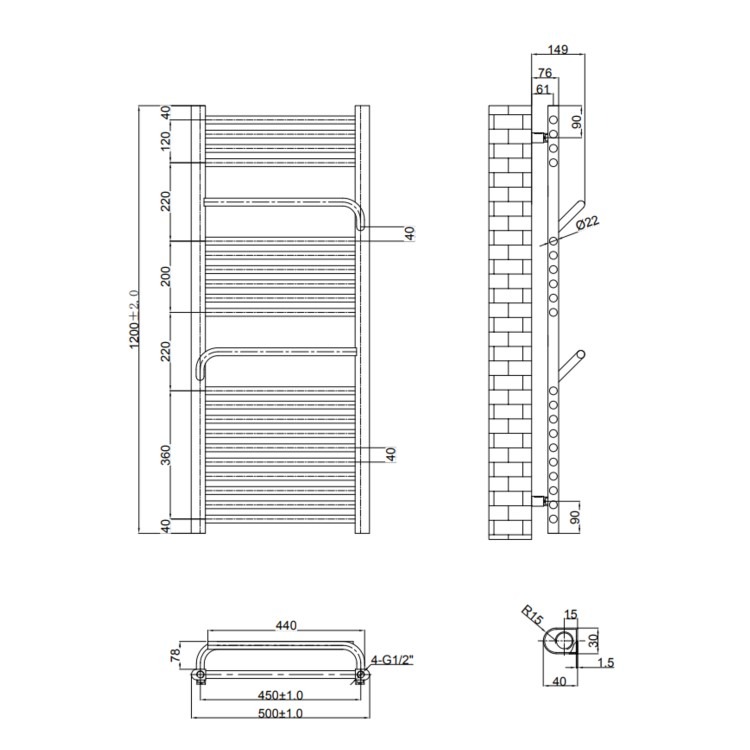 Chrome Towel Radiator 1200 x 500mm with Pipe Kit and Straight Valves - Nazco - Image 3