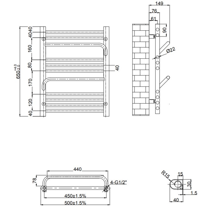 Chrome Towel Radiator 650 x 600mm with Pipe Kit and Straight Valves – Nazco - Image 3