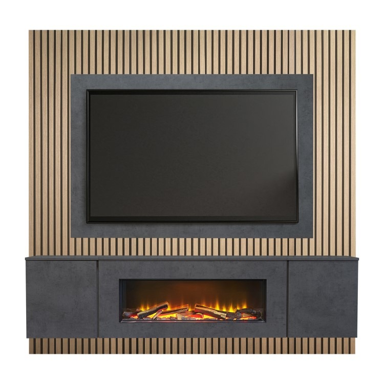 Acantha Orion XO Electric Floating Media Wall Suite in Slate Effect with TV Board & Natural Oak Wall Panels - Image 3