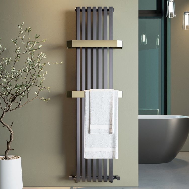Gunmetal Vertical Single Panel Radiator with Brass Towel Bars 1600 x 500mm - Iraya - Image 2