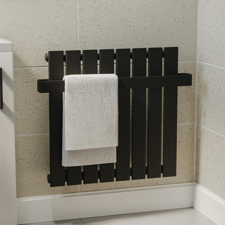 Black Horizontal Single Panel Radiator with Heated Towel Bar 600 x 604mm - Mojave - Image 3