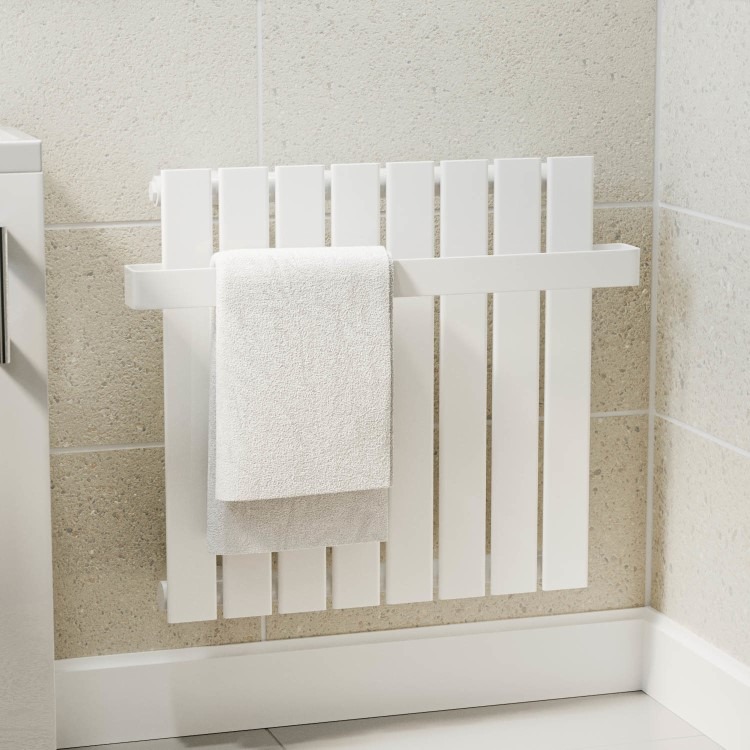 White Horizontal Single Panel Radiator with Heated Towel Bar 600 x 604mm - Mojave - Image 2
