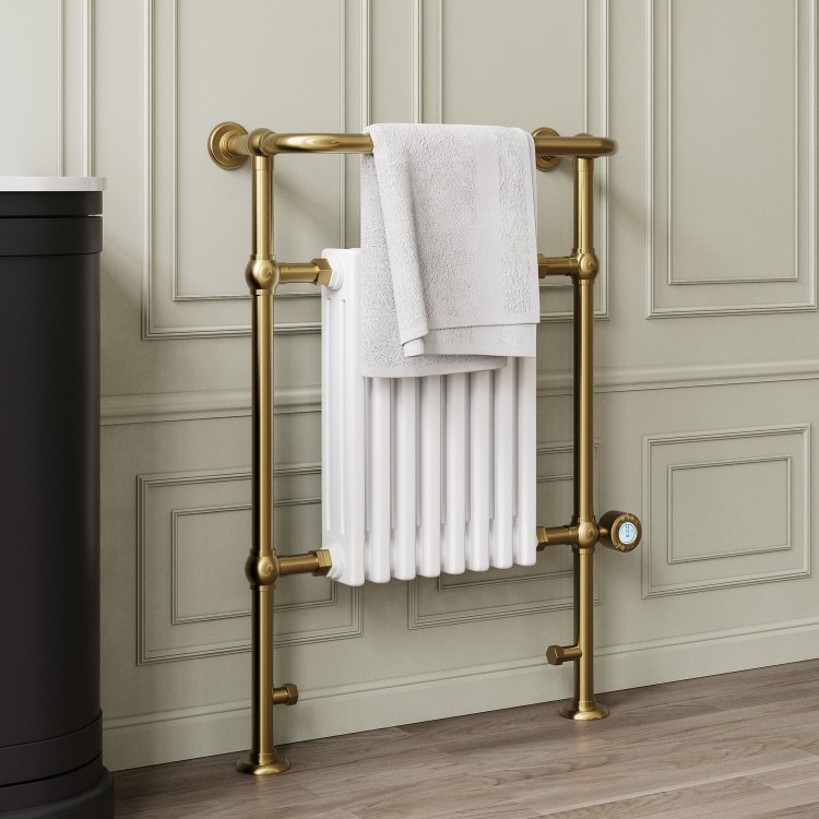 White and Brass Traditional Electric Column Radiator with Towel Rail 952 x 659mm - Regent - Image 4