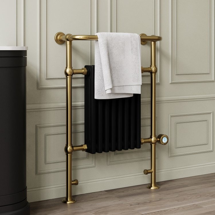 Black and Brass Electric Traditional Column Radiator with Towel Rail 952 x 659mm - Regent - Image 2