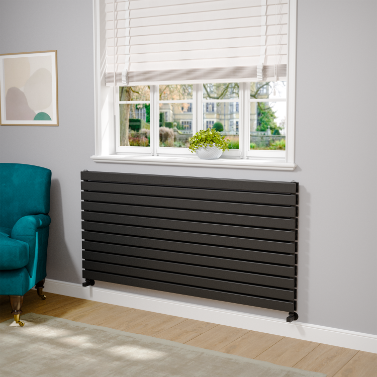 Riace Linea Midnight Black Flat Designer Radiator 770x1600mm Double Panel 6904 BTU - Horizontal Bars - Image 2