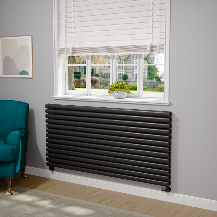 Sorrento Linea Midnight Black Oval Designer Radiator 767x1600mm Double Panel 7379 BTU - Horizontal Bars - Image 2