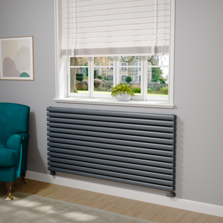 Sorrento Linea Dark Grey Anthracite Oval Designer Radiator 767x1600mm Double Panel 7379 BTU - Horizontal Bars - Image 2