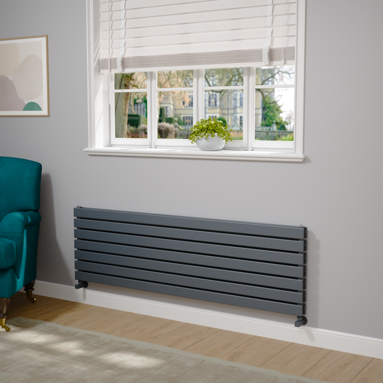 Riace Linea Dark Grey Anthracite Flat Designer Radiator 630x1200mm Double Panel 4386 BTU - Horizontal Bars - Image 2