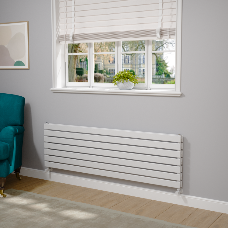 Riace Linea White Flat Designer Radiator 490x1600mm Double Panel 4392 BTU - Horizontal Bars - Image 2