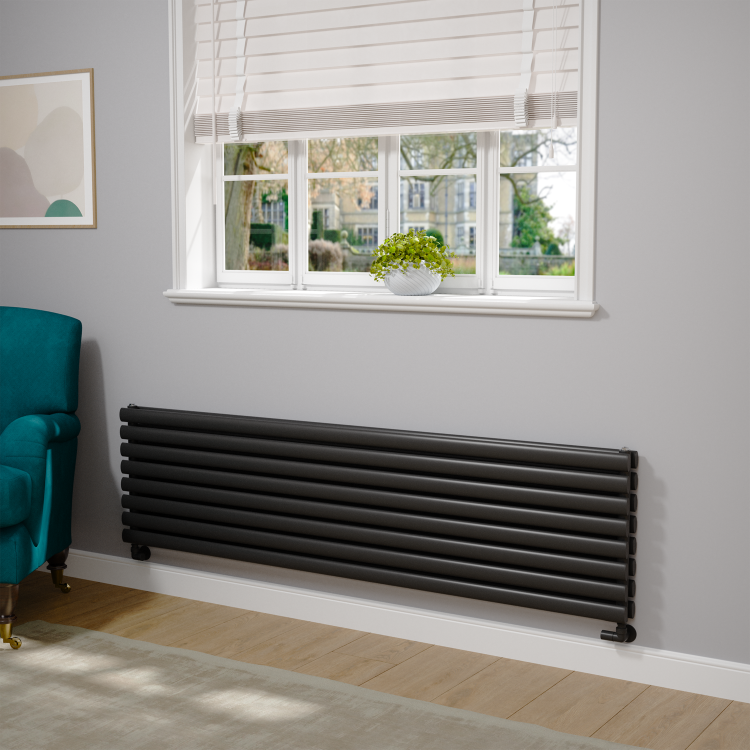 Sorrento Linea Midnight Black Oval Designer Radiator 472x1800mm Double Panel 5072 BTU - Horizontal Bars - Image 2