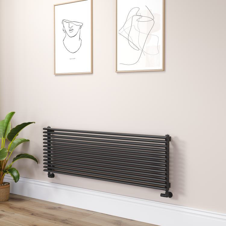 Ventura Linea Midnight Black Oval Unique Designer Radiator 455x1400mm Single Panel 3420 BTU - Horizontal Bars