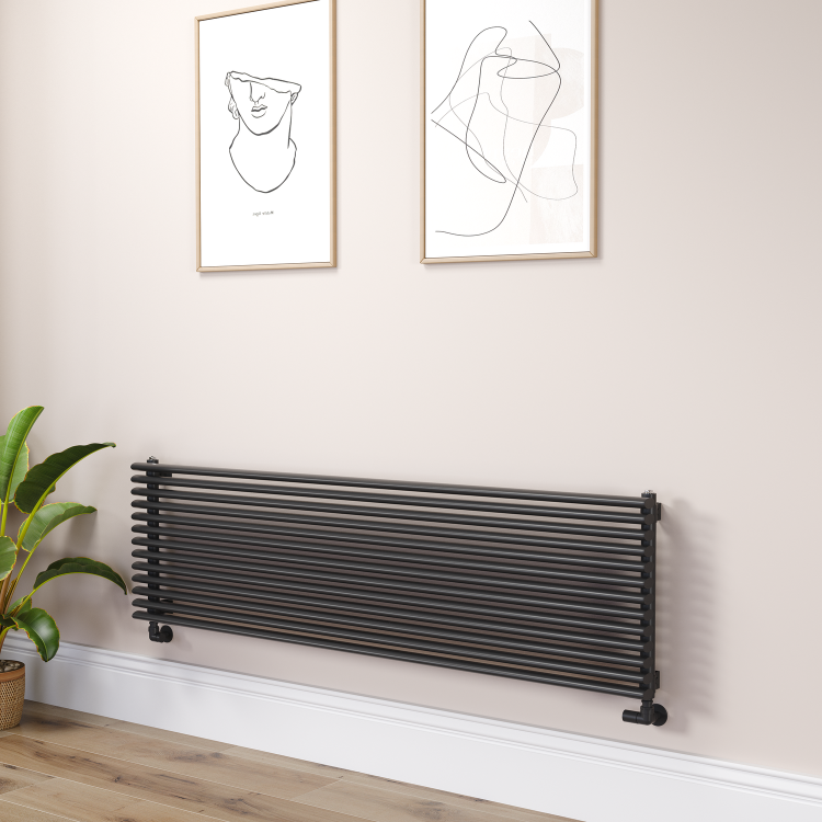 Ventura Linea Midnight Black Oval Unique Designer Radiator 455x1600mm Single Panel 4007 BTU - Horizontal Bars
