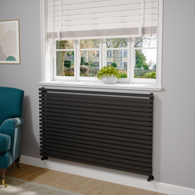 Riace Linea Midnight Black Flat Designer Radiator 770x1600mm Double Panel 6904 BTU - Horizontal Bars - Image 2