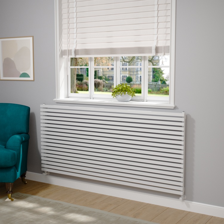 Riace Linea White Flat Designer Radiator 770x1400mm Double Panel 6143 BTU - Horizontal Bars - Image 2