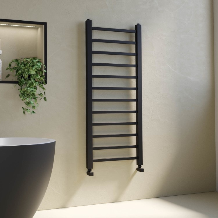 Black Towel Radiator 1200 x 500mm with Pipe Kit and Straight Valves - Sonoran - Image 3