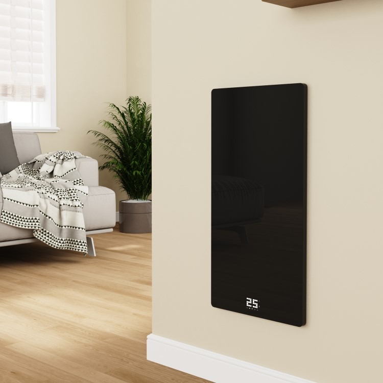380W Smart Infrared Vertical Black Glass Designer Wall Heater 450x900mm with Optional Towel Rail - IP24 Bathroom Safe - Image 3